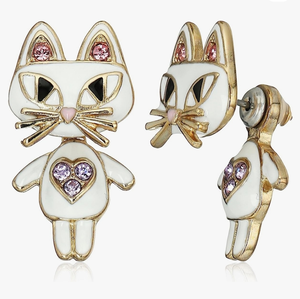 Betsey Johnson White Gold Pink Heart Cat Front Back Moveable Stud Earrings